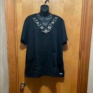 Scrub top Greys Anatomy Black V-Neck Scrub  Top with White Embroidery